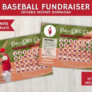 Peut inclure: Un modèle de collecte de fonds de baseball imprimable avec un design de calendrier. Le modèle présente un joueur de baseball en uniforme rouge et un fond de terrain de baseball. Le texte "Pick a Date to Donate" et "Connor Phillips" est inclus sur le modèle.