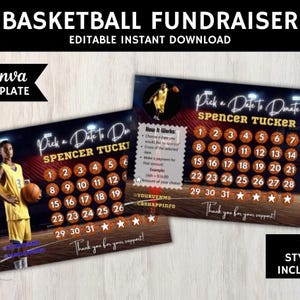 Könnte beinhalten: Eine Basketball-Spendenaktion-Vorlage mit einem Basketballspieler auf dem Spielfeld. Die Vorlage enthält einen Kalender mit Daten, um an "Spencer Tucker" zu spenden.