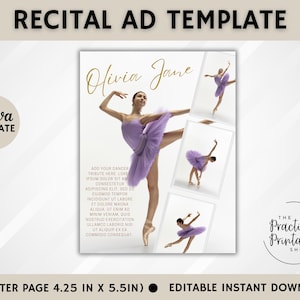 Może przedstawiać: Drukowany szablon reklamy na recital tańca. Szablon zawiera zdjęcie baletnicy w lawendowym tutu z tekstem "Olivia Jane" w złotej czcionce. Szablon ma rozmiar 4,25 cala na 5,5 cala i jest dostępny do natychmiastowego pobrania.