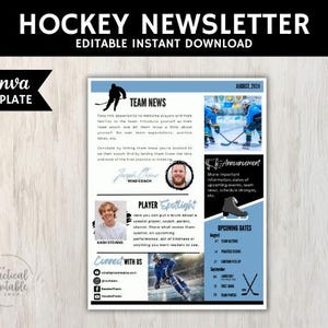 May include: Editable hockey newsletter template with a blue and black color scheme. The template includes sections for team news, player spotlight, announcements, and upcoming dates. The template also includes a section for connecting with the team.
