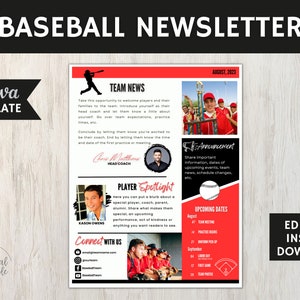 May include: A red and black baseball newsletter template with a baseball player silhouette, a team news section, a player spotlight section, an announcement section, and upcoming dates. The template is editable and can be downloaded instantly.