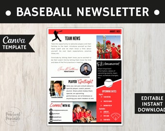 BOLETÍN DEL EQUIPO DE BÉISBOL Plantilla Canva editable / Correo electrónico del equipo de béisbol / Folleto del equipo de béisbol