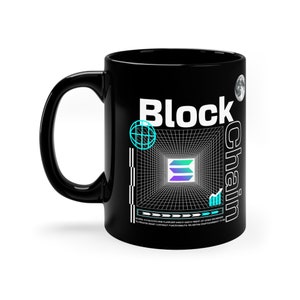 May include: Black ceramic coffee mug with a white graphic design of a grid with a blue and purple logo in the centre. The text "Block chain" is written vertically on the right side of the mug. The text "EXTENDA IS A BLOCKCHAIN-RIM PLATFORM WHICH USES A PROOF OF STAKE CONSENSUS TO ENSURE SMART CONTRACT FUNCTIONALITY WITHIN ITS DECENTRALIZED ECO"
