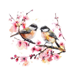 Chickadee birds watercolor painting printable wall art, cherry blossoms with chickadees, digital print, bird clipart, instant download