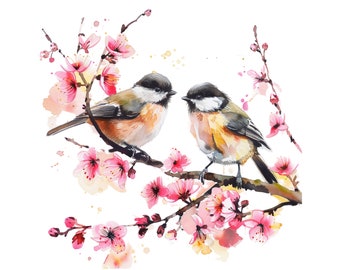 May include: Two small birds perched on a branch of a flowering tree with pink blossoms. The birds are brown and grey with black eyes and beaks. The background is white.
