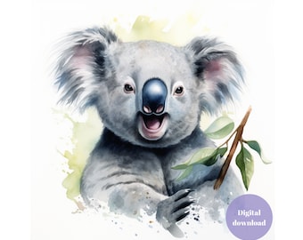 Koala watercolor painting, koala printable wall art, koala art digital download, instant download, koala clipart, Nursery