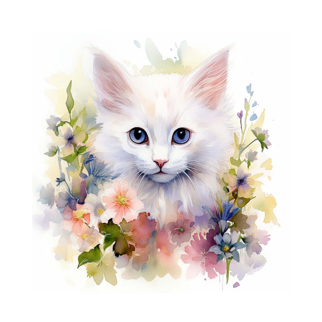 Baby White Cat Printable Wall Art, Nursery Decor, Cat Watercolor ...