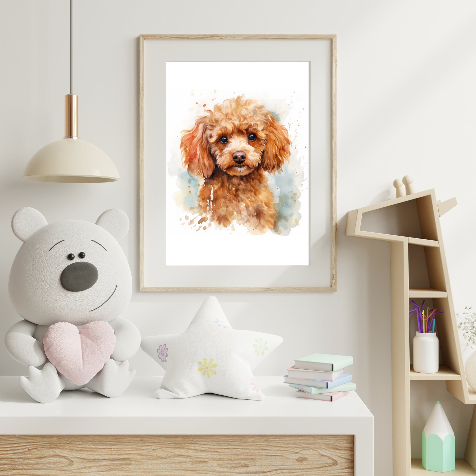 トイプードルの水彩画の印刷可能な壁アート、ペットの肖像画、犬の