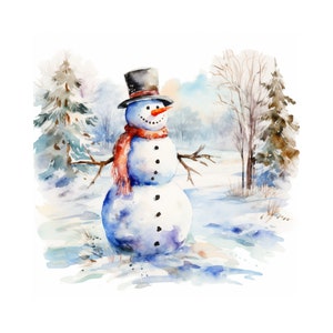 Snowman Painting Christmas Painting Holiday Painting Winter Landscape Snow  Scene Snowman Decor Matted Print 
