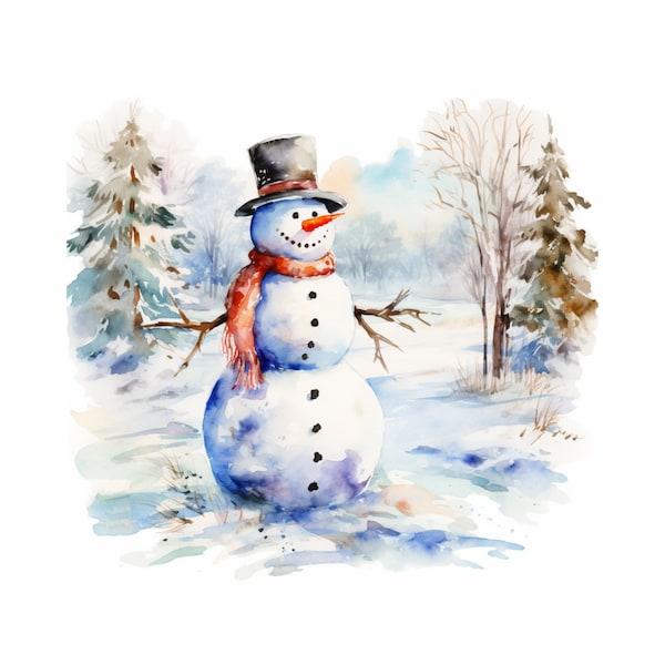 Snowman watercolor painting, snowman printable wall art, instant download, snowman digital print, holiday wall decor