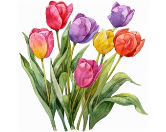 Tulips watercolor painting printable wall art, tulips clipart, floral wall decor, instant download