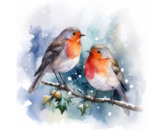 Robin birds watercolor painting , Robin birds printable wall art, Robin clipart, Robin digital download, instant download, christmas gift