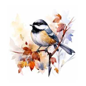 Chickadee bird watercolor painting, chickadee printable wall art, chickadee clipart, chickadee digital download, instant download