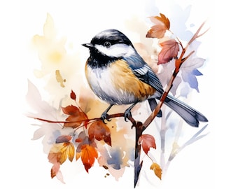 Chickadee bird watercolor painting, chickadee printable wall art, chickadee clipart, chickadee digital download, instant download