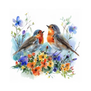 Robin birds watercolor painting printable wall art, wall decor, instant download, digital print, bird lovers gift, spring painting