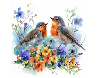 Robin birds watercolor painting printable wall art, wall decor, instant download, digital print, bird lovers gift, spring painting