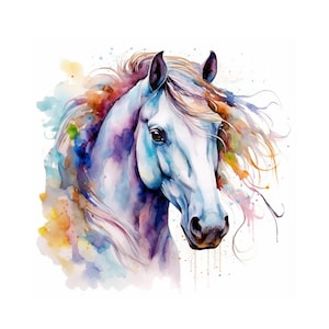 Peinture aquarelle cheval blanc, art mural imprimable, impression d'art animalier, téléchargement immédiat, impression numérique, aquarelle clipart