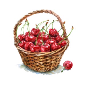 Wiśnie w koszyku, akwarela, wydruk na ścianę, dekoracja ścienna do kuchni, natychmiastowe pobranie, wydruk wiśni, clipart wiśni