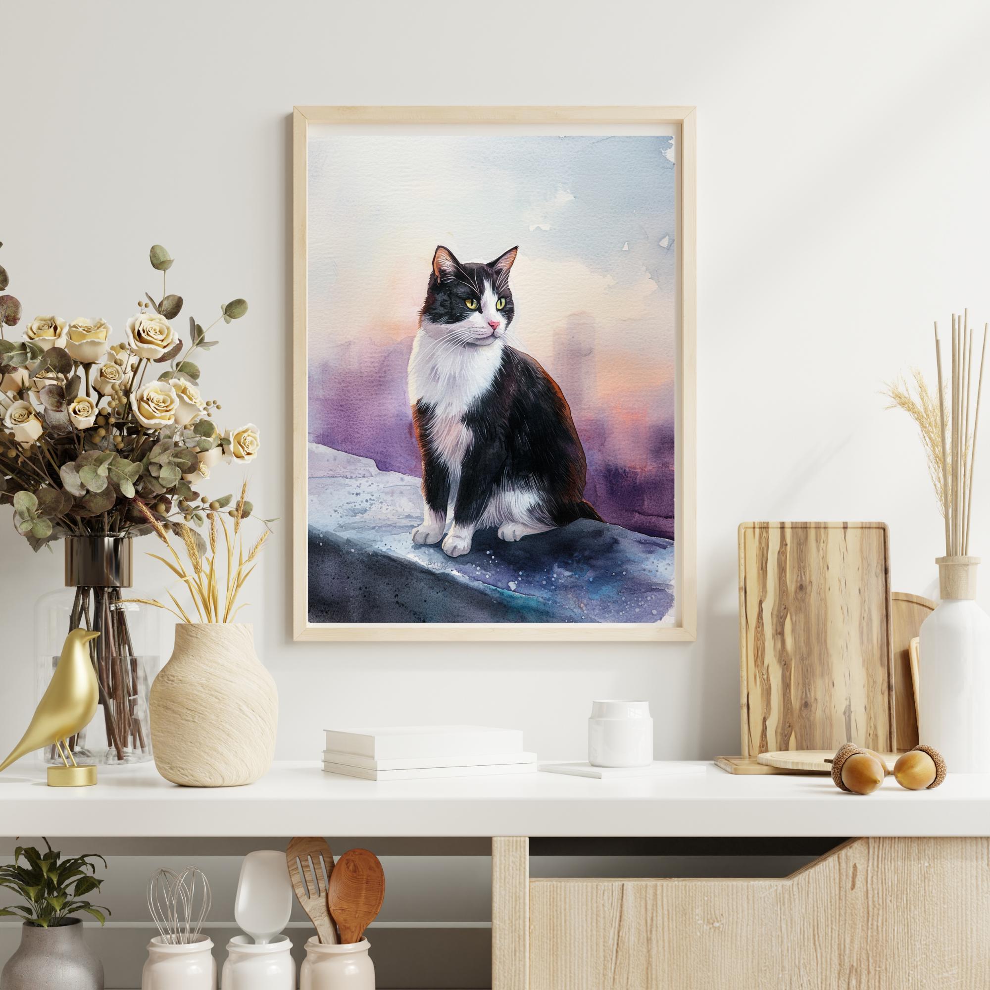 Cat Watercolor Painting, Tuxedo Cat, Pet Portrait , Cat Wall Art ...