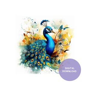 Akvarell påfågel utskrivbar konst, blommig påfågel (digital nedladdning) bild 1
