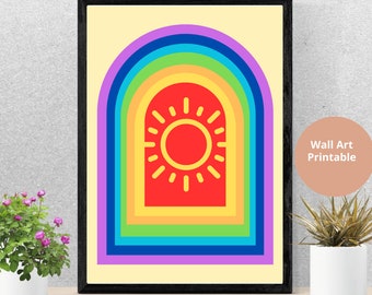 Stampa Boho con Sole Arcobaleno, Arte da Parete Minimalista (Download Digitale)