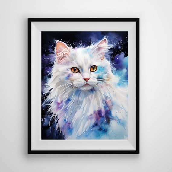 白猫の水彩画の印刷可能な壁アート、猫のポスター、猫の壁の装飾、即時