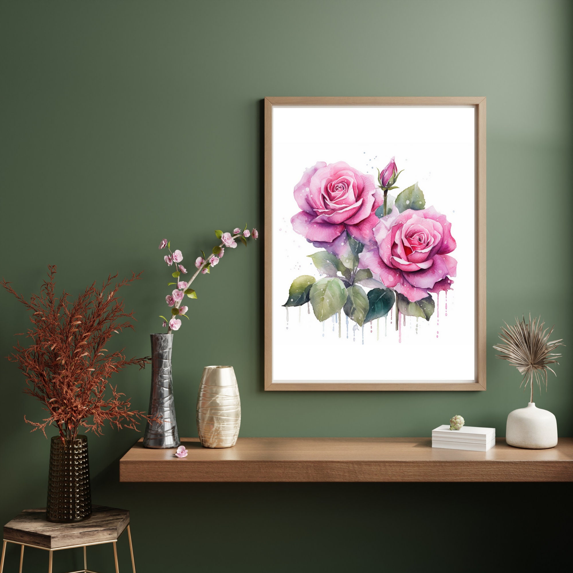 Pink Roses Watercolor Painting Printable Wall Art, Pink Roses Clipart ...