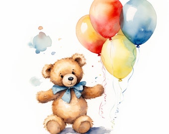 Broderie vintage « Ours avec ballons » dans le cadre - France