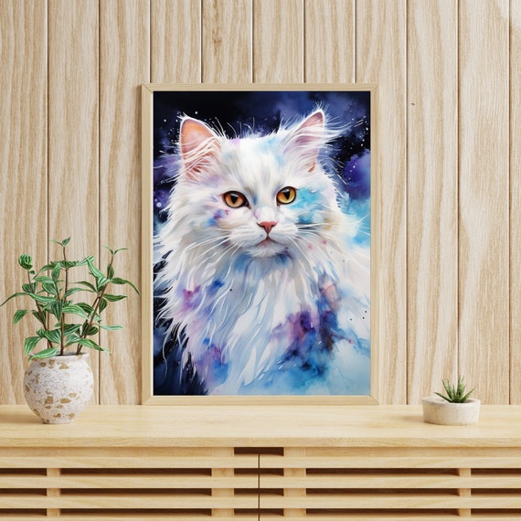 白猫の水彩画の印刷可能な壁アート、猫のポスター、猫の壁の装飾、即時