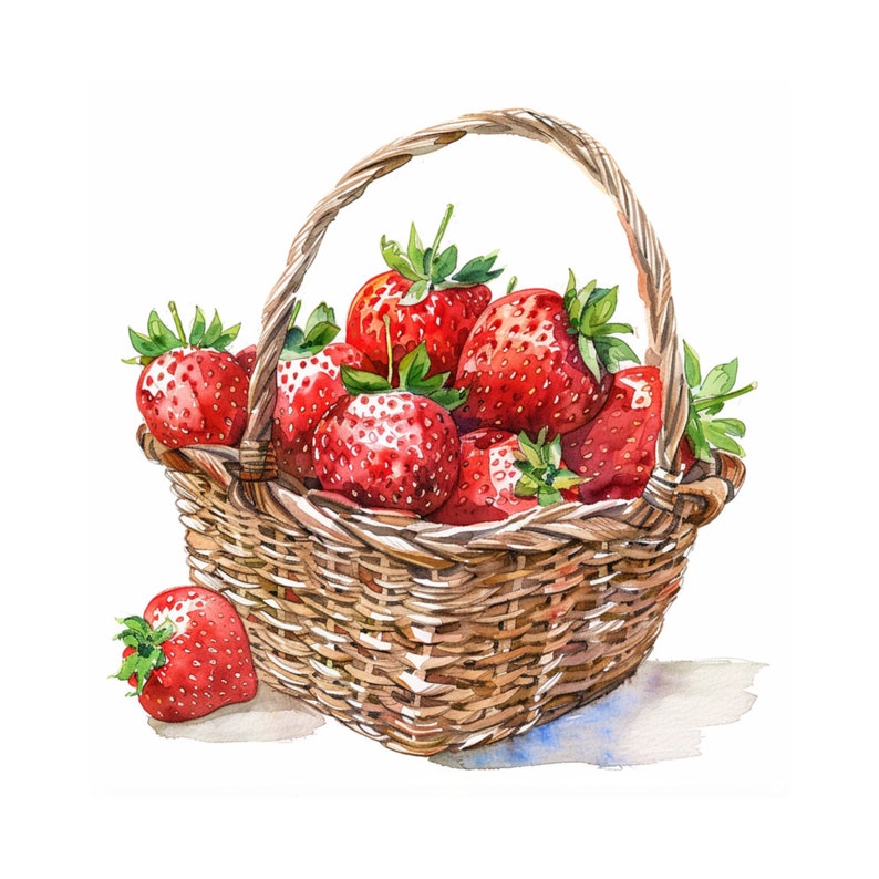 May include: A wicker basket filled with ripe red strawberries. The basket is woven with a brown and tan pattern. The strawberries are arranged in a cluster, with some spilling out of the basket.