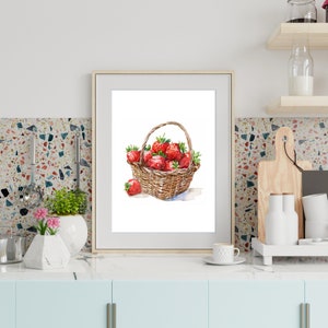 May include: A watercolour painting of a wicker basket filled with ripe red strawberries. The basket is sitting on a white background.