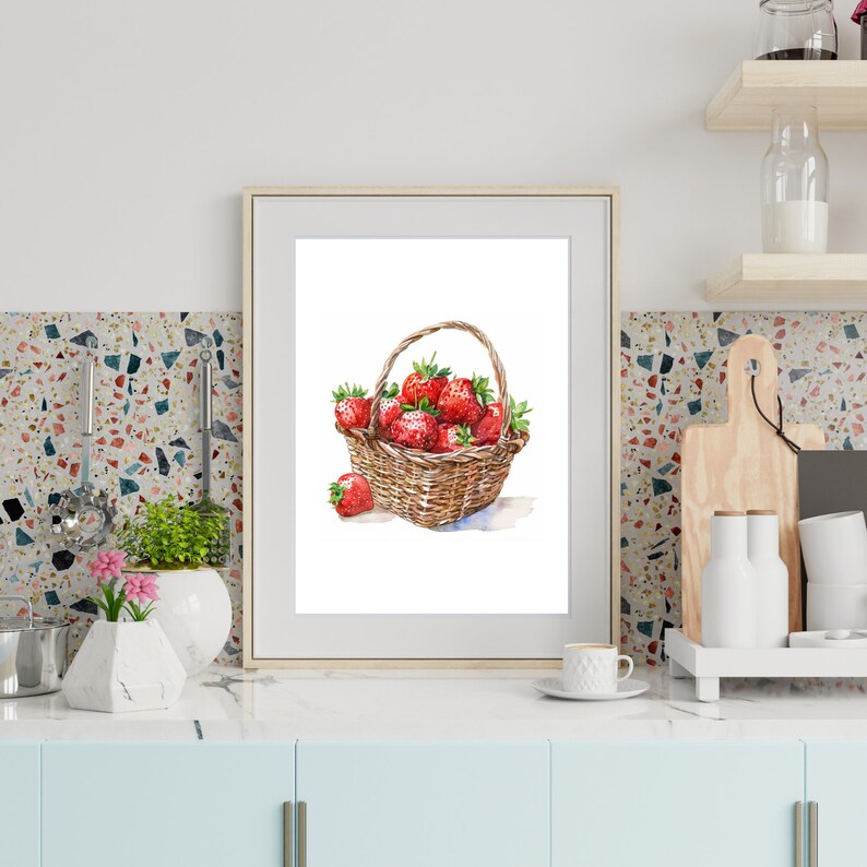 May include: A watercolour painting of a wicker basket filled with ripe red strawberries. The basket is sitting on a white background.