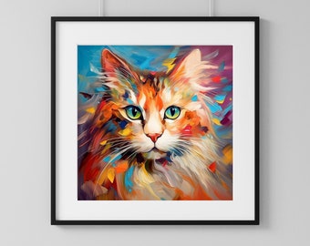猫の肖像画の油絵、抽象画、印刷可能な壁アート、動物のアート、印刷