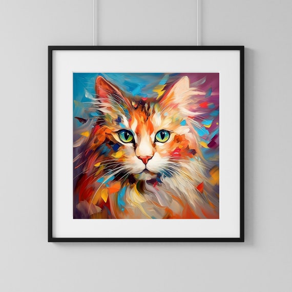 猫の肖像画の油絵、抽象画、印刷可能な壁アート、動物のアート、印刷