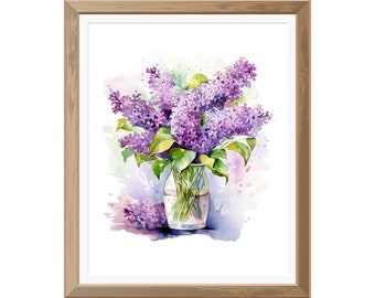 ライラックの水彩画の印刷可能な壁アート、ライラックのクリップアート