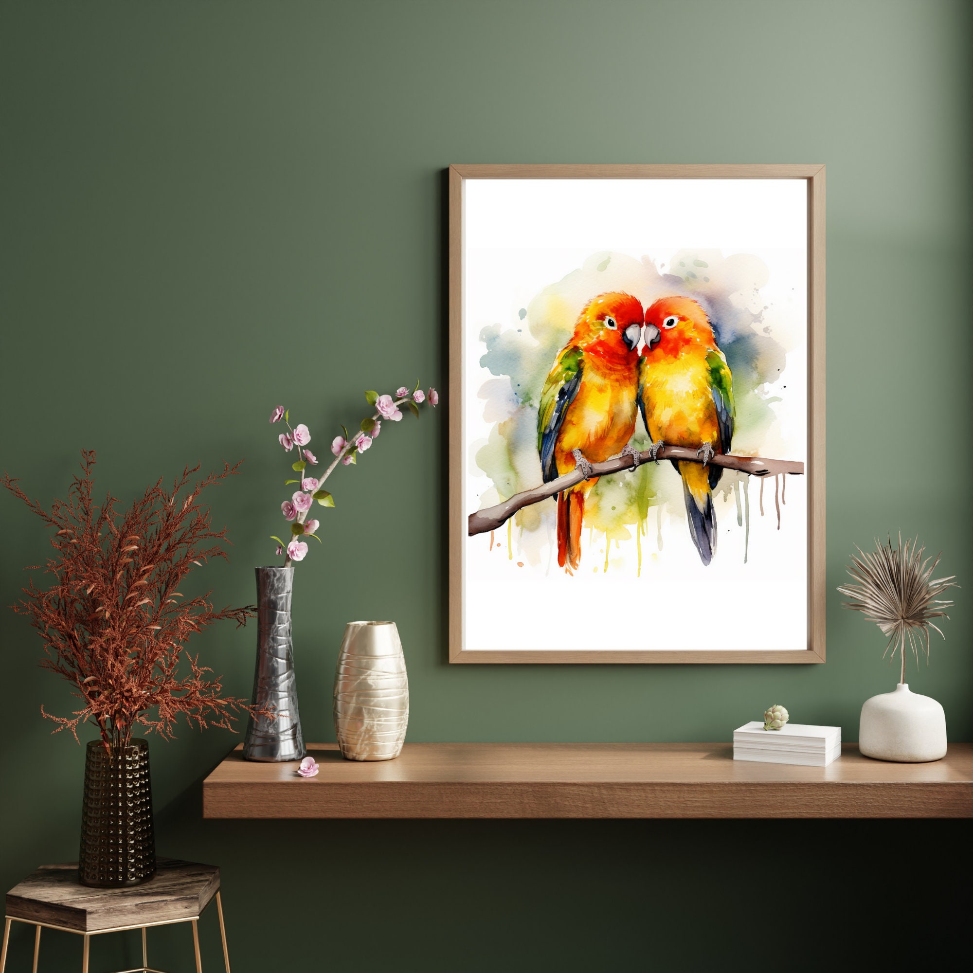 Love Birds Couple Watercolor Painting Printable Wall Art, Parrot ...