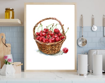 Cherries in Basket Watercolor Painting Printable Wall Art, Kitchen