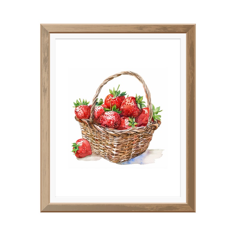 May include: A watercolour painting of a wicker basket filled with ripe red strawberries. The basket is sitting on a white surface and there are a few strawberries spilling out of the basket.