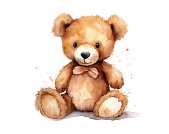 May include: A brown teddy bear with a brown bow tie is sitting on a white background. The bear has a watercolor effect and is painted in a realistic style.