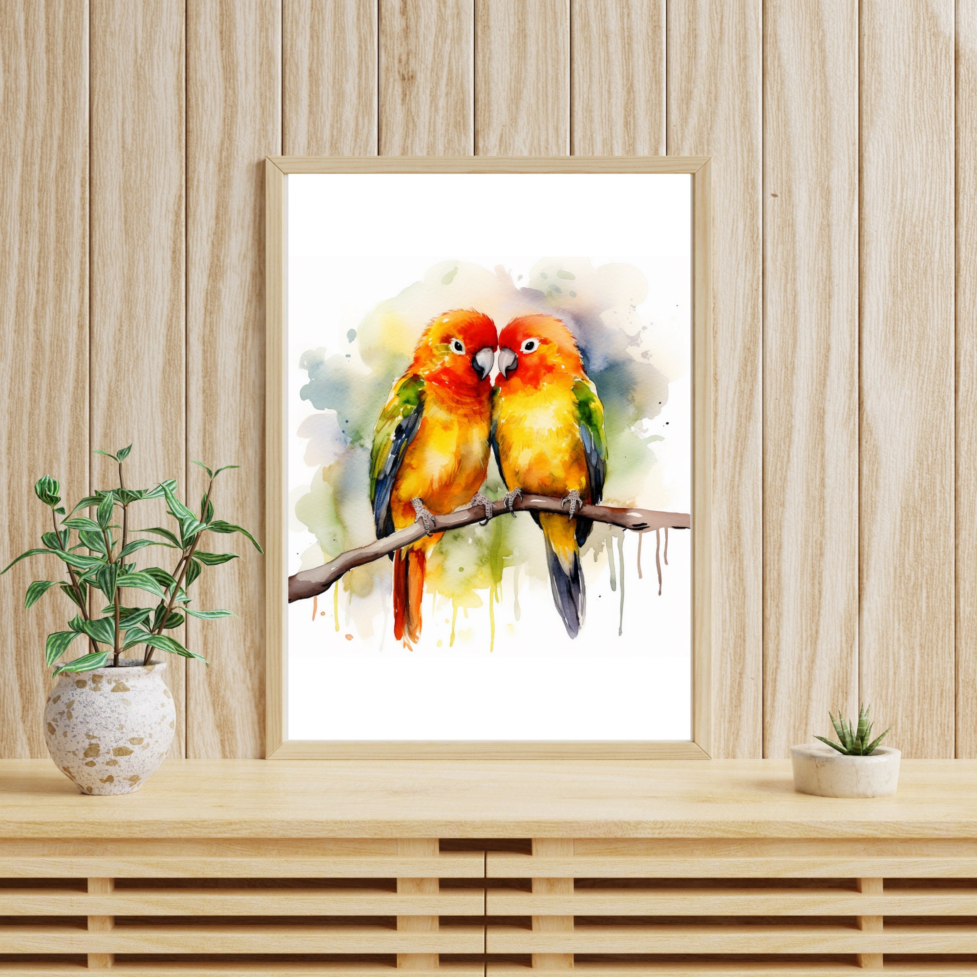 Love Birds Couple Watercolor Painting Printable Wall Art, Parrot ...