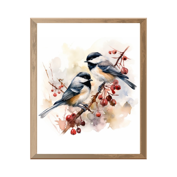 Chickadee birds watercolor painting, chickadee printable wall art, chickadee clipart, chickadee digital download, instant download,