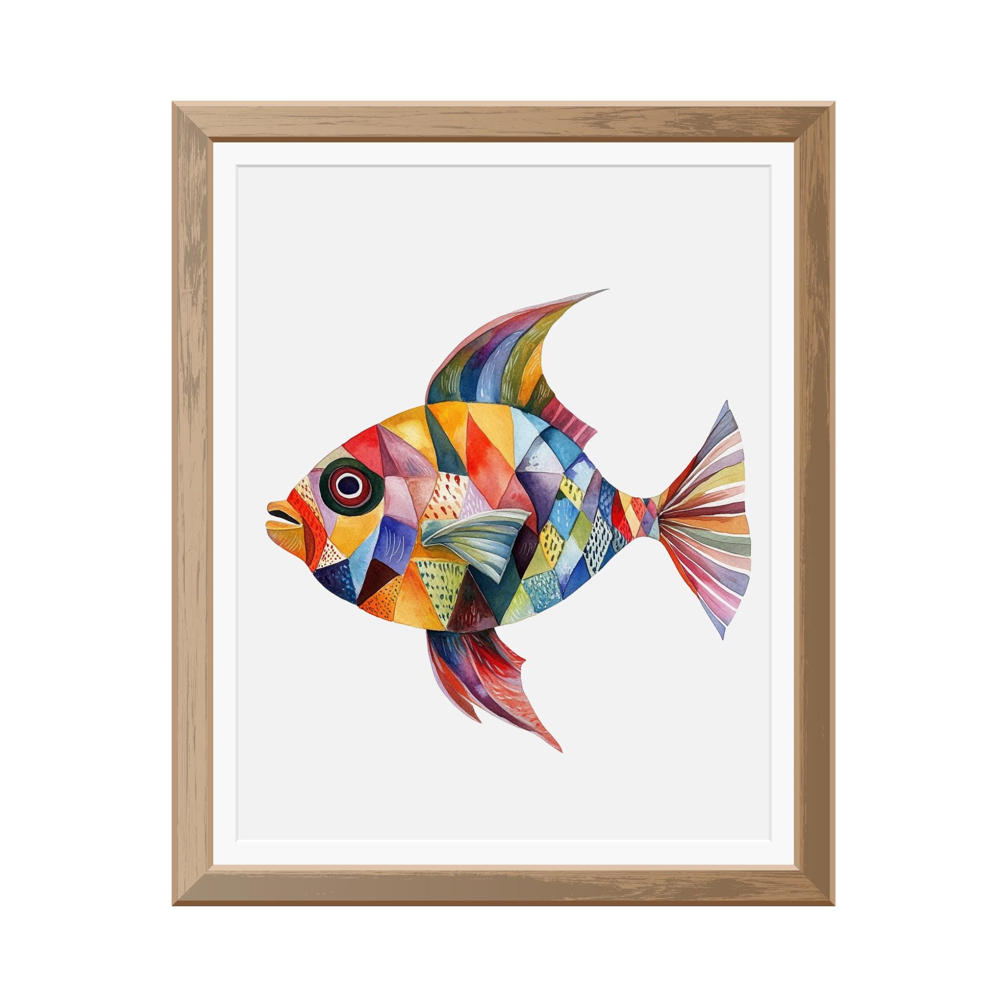 キュービズム風のカラフルな魚の水彩画5点セット、巨大でカラフルな