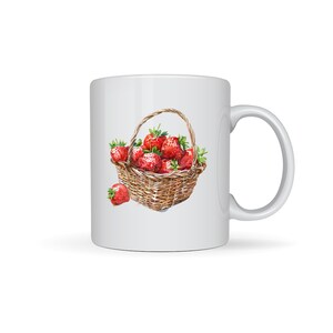 May include: White ceramic mug featuring a watercolour illustration of a wicker basket full of red strawberries.