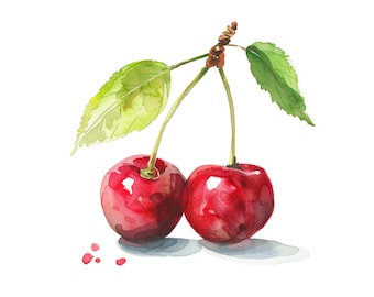 Cherries watercolor painting printable wall art, summer fruits, kitchen wall decor, cherries clipart, instant download