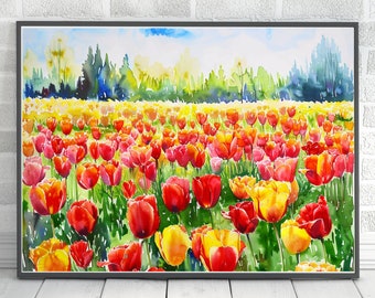 コケット水彩画のチューリップの花束プリント、ピンクのリボン付きの花