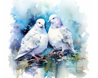 Pintura de acuarela de pareja de palomas blancas, arte de pared imprimible, regalo de San Valentín, decoración de pared, pintura de pájaros, pintura de paloma blanca, descarga instantánea