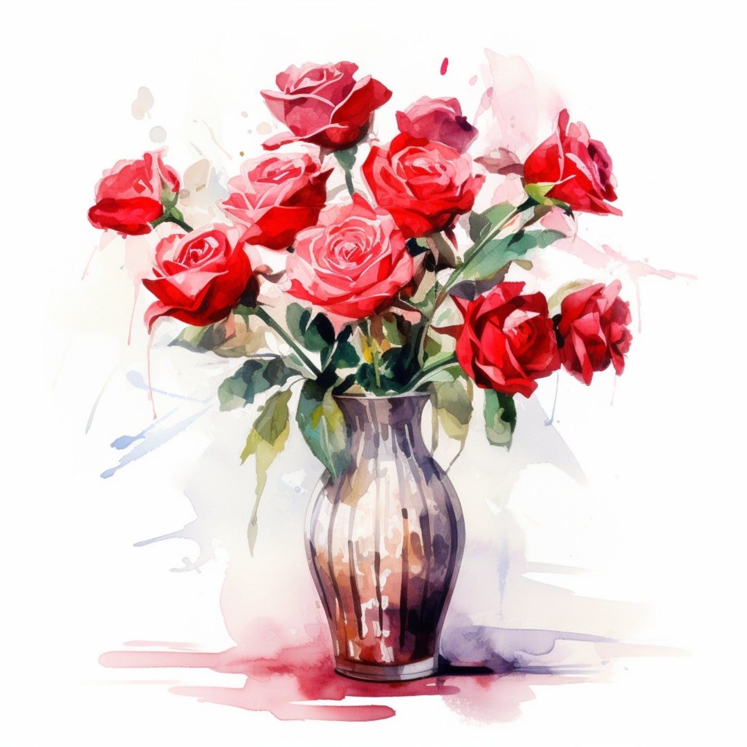 赤薔薇　水彩画　原画 赤いバラの水彩画の印刷可能な壁アート、バレンタインギフト