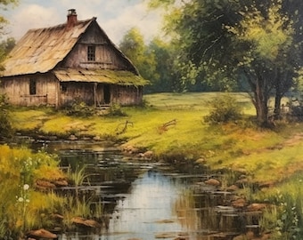 Vintagelandscape pittura di paesaggio stampabile arte murale, download digitale, download immediato, decorazione murale vintage