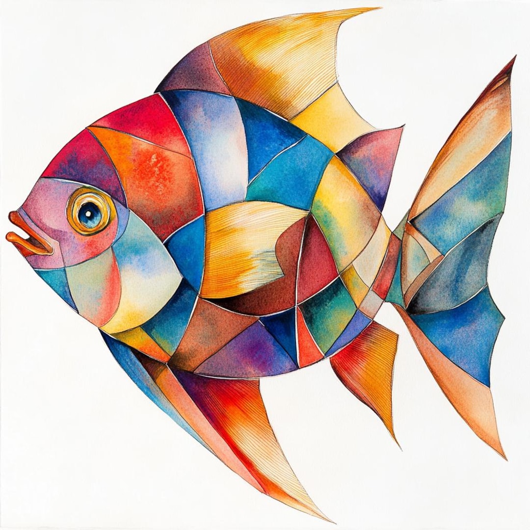 魚の水彩画 大きめのキャンバス キュービズム風のカラフルな魚の水彩画5点セット、巨大でカラフルな