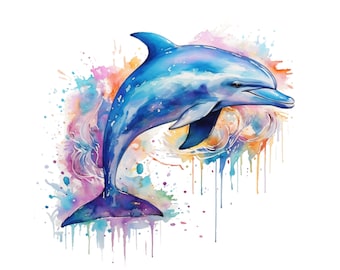 Dolphin watercolor painting, dolphin printable wall art